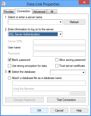 Picture showing the Data Link Properties dialog illustrating connection string options for SQL Server OLE DB Driver.